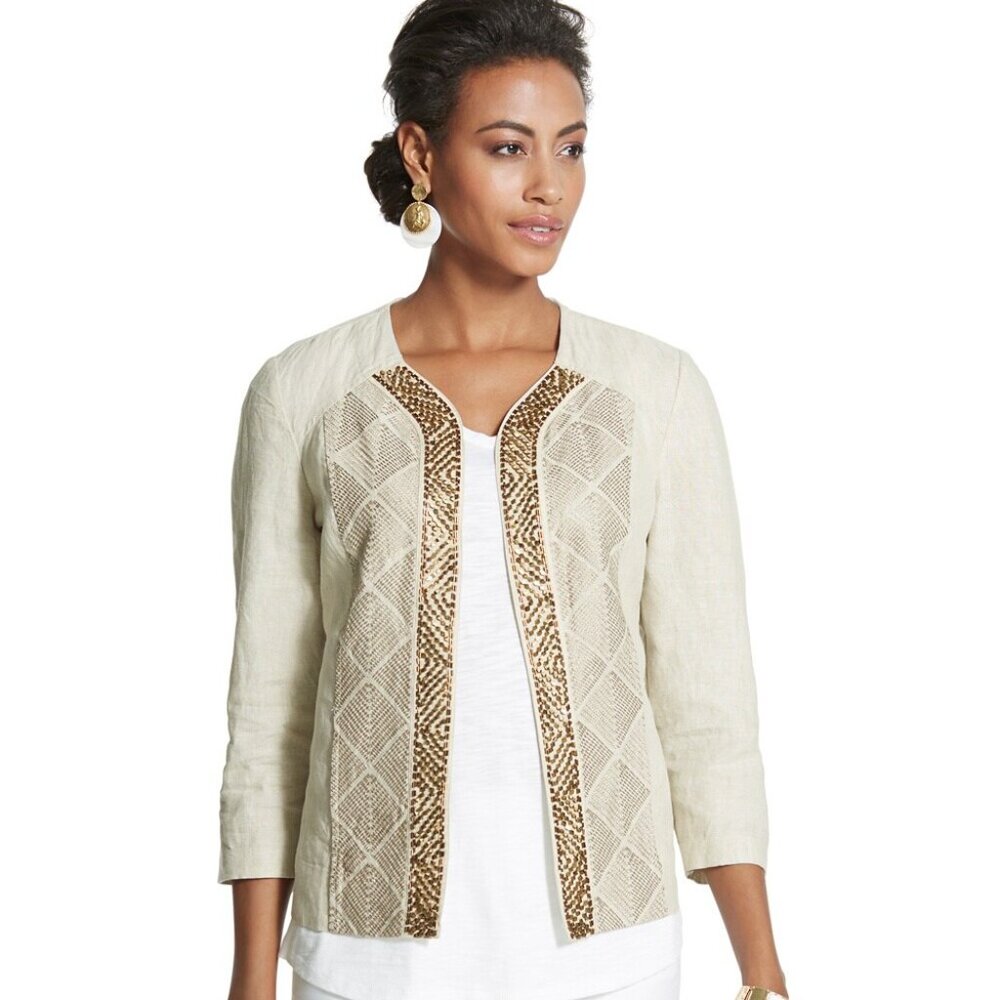 Chico's Linen‎ Jacket Size L Beaded Stitching Detail Open Front Neutral Art Deco